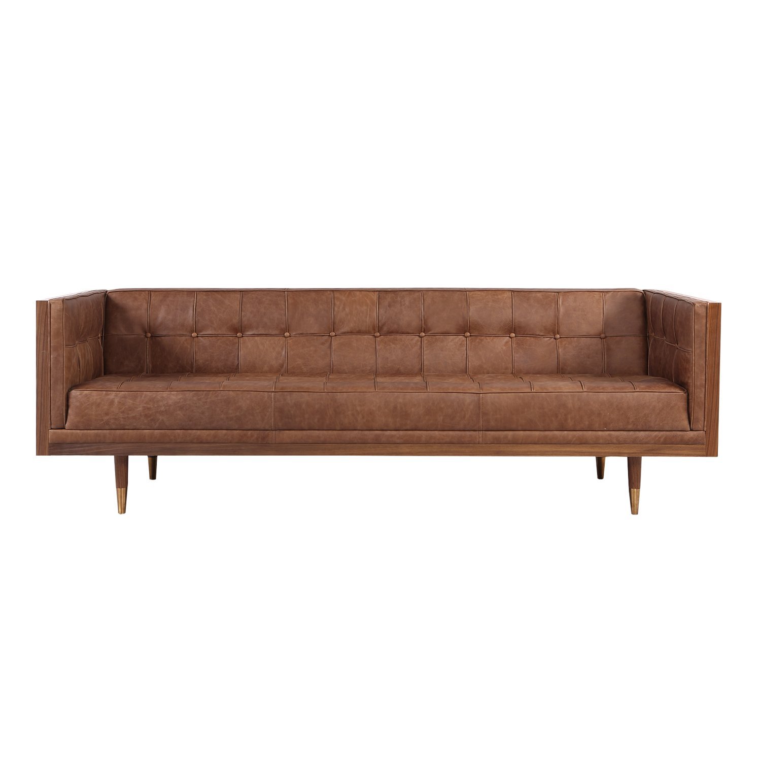 Kardiel Woodrow Midcentury Modern Box Sofa, Vintage Brown Distressed Leather/Walnut