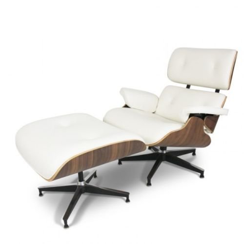 Mid-Century Classic Design Walnut Lounge Chair & Ottoman Set in Top Grain Italian White Leather