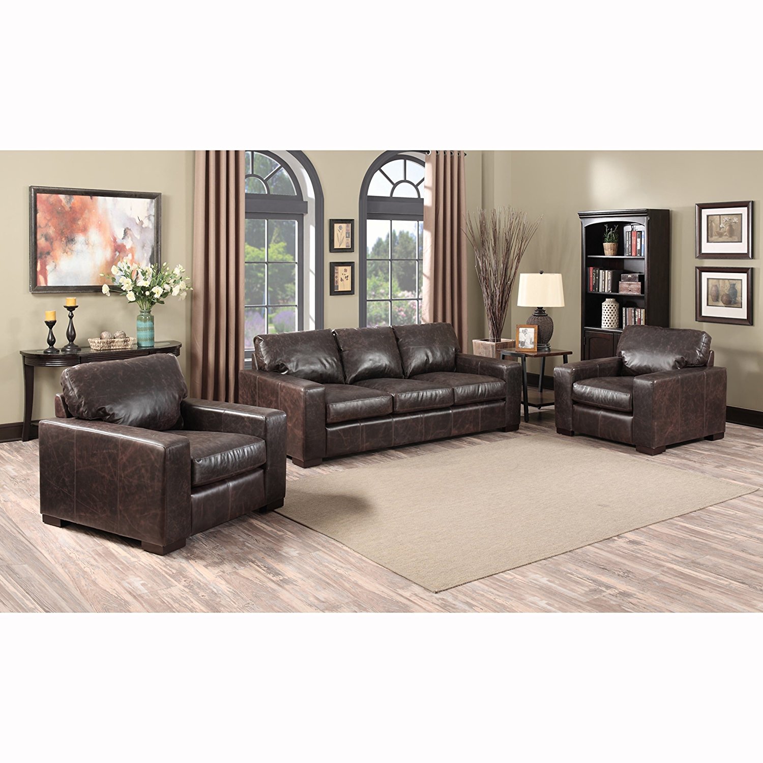 Sofaweb.com Inc. Maxweld Premium Distressed Brown Top Grain Leather Sofa and Two Chairs