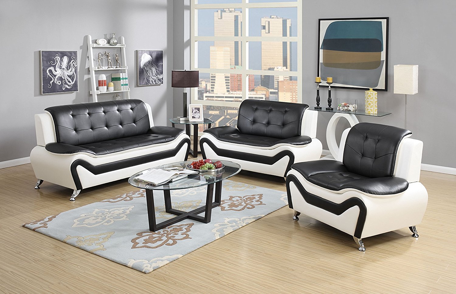 US Pride Furniture 3 Piece Modern Bonded Leather Sofa Set with Sofa, Loveseat, and Chair, White/Black
