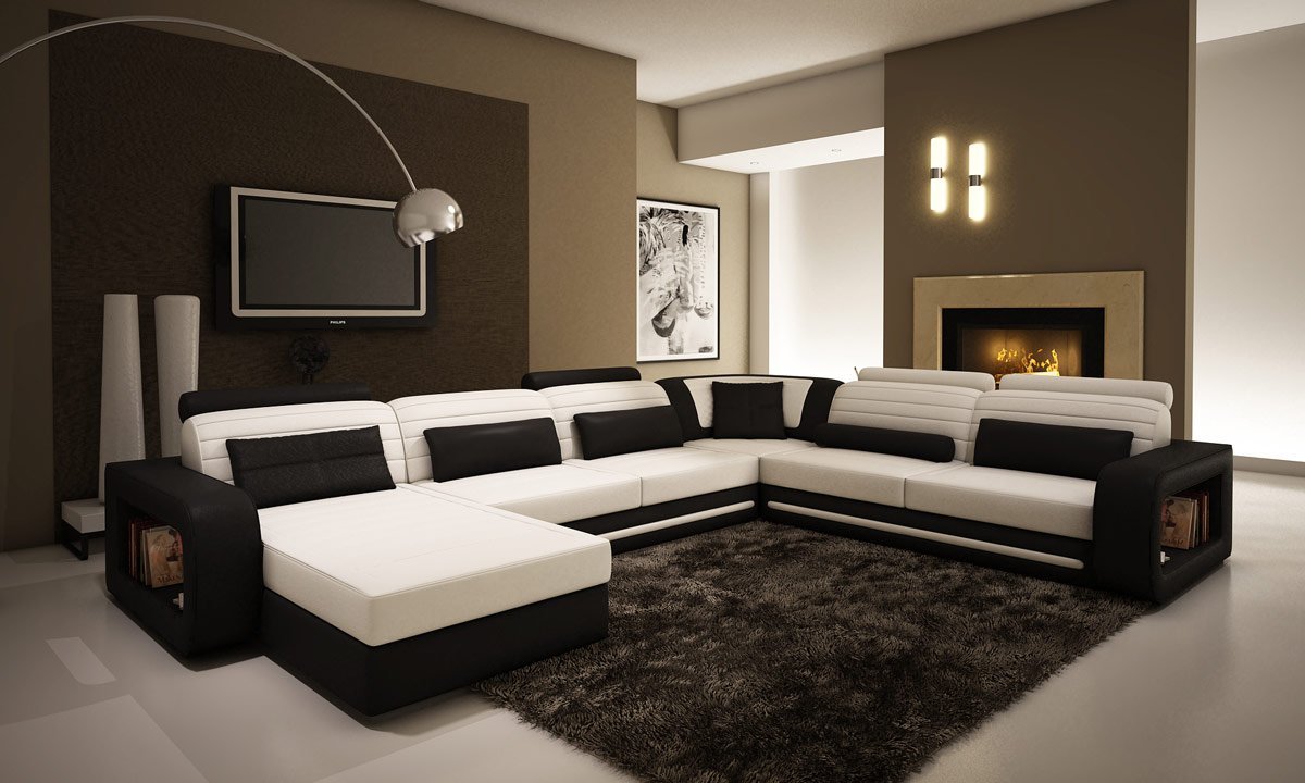 Ultra Modern Cream and Black Leather Sectional Sofa