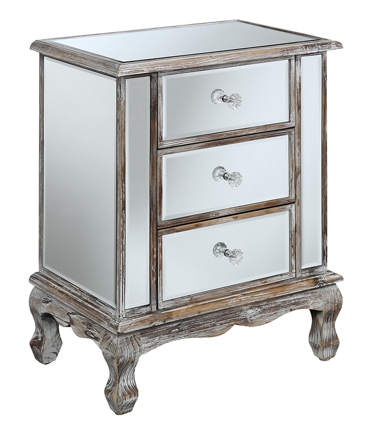 Convenience Concepts Gold Coast Collection 3-Drawer Mirrored End Table, Weathered White/Mirror