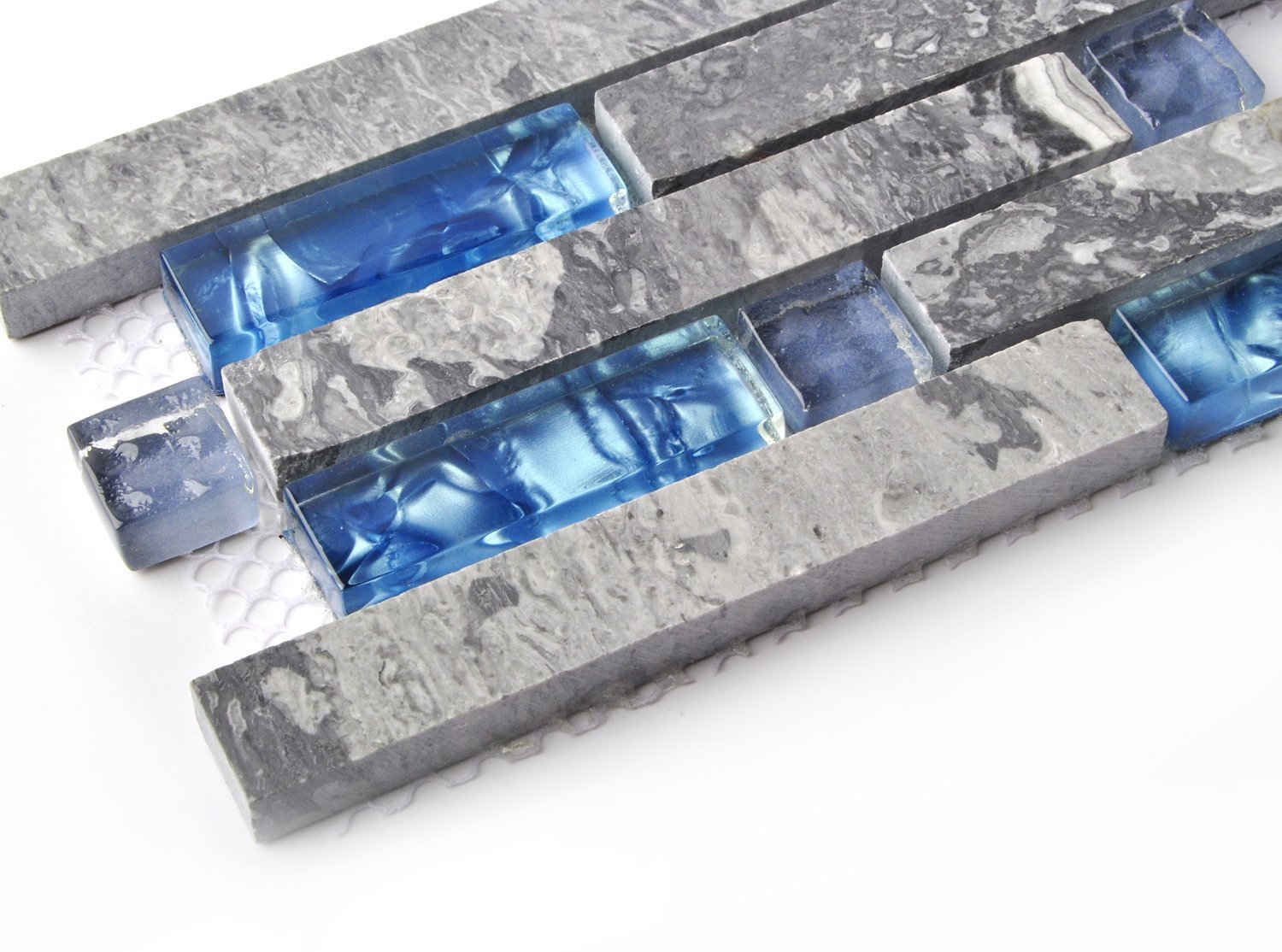 Home Building Glass Tile Kitchen Backsplash Idea Bath Shower Wall Decor Blue Gray Wave Marble Interlocking Pattern Art Mosaics TSTMGT002 (1 Sample [4'' x 6''])