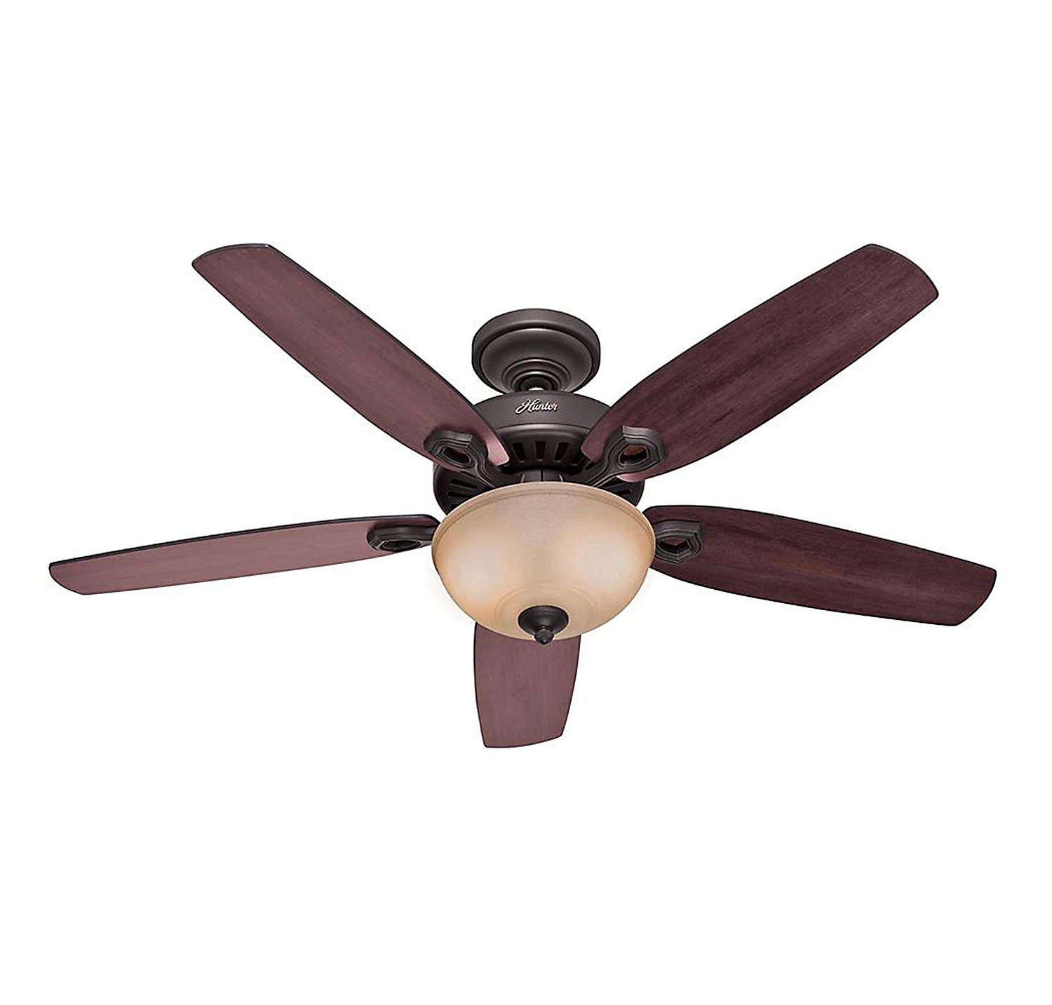 Hunter 53091 Builder Deluxe 5-Blade Single Light Ceiling Fan with Brazilian Cherry/Stained Oak Blades and Piped Toffee Glass Light Bowl, 52-Inch, New Bronze