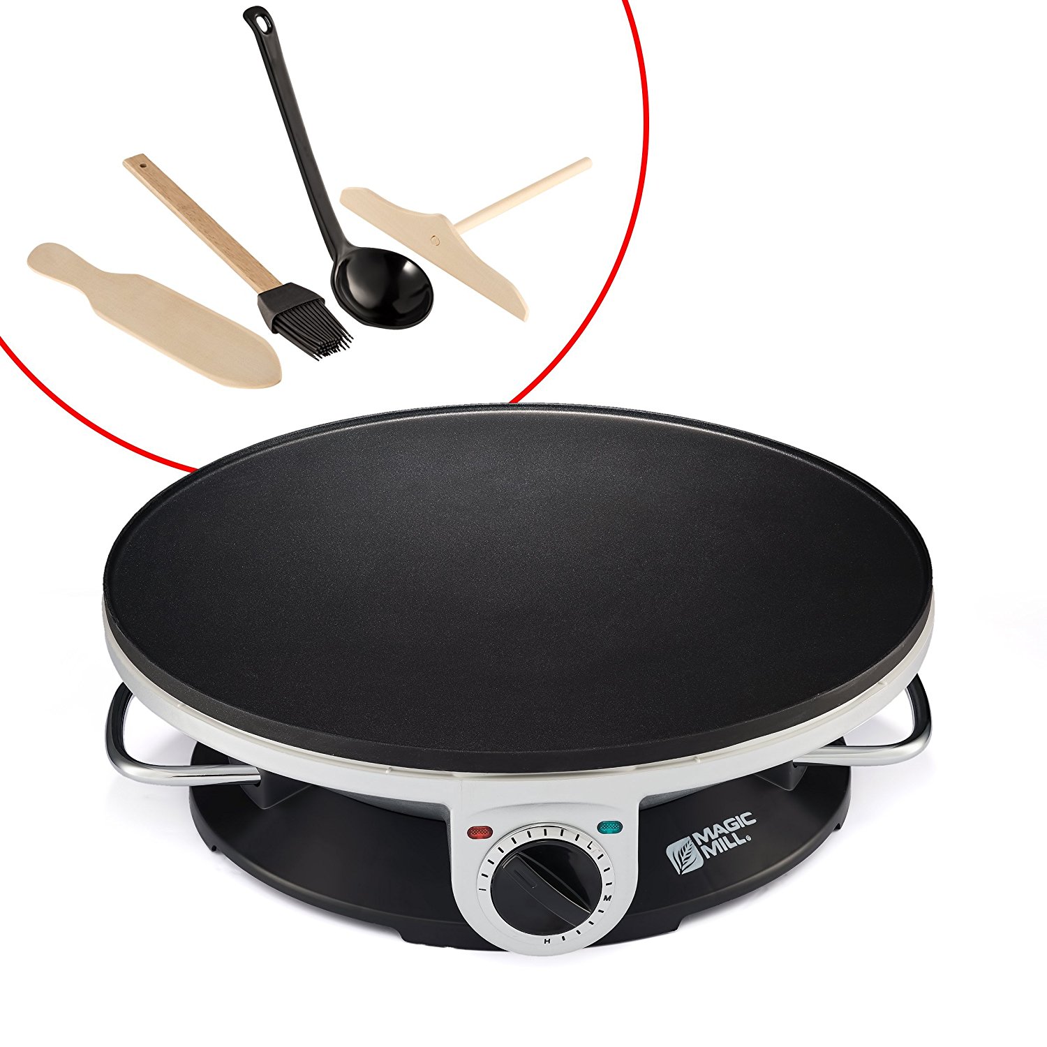 Magic Mill 13" Professional Electric Crepe Maker & Griddle, Non-stick Cooking Plate, Variable Temperature Control, Includes: Batter Spreader, Wooden Spatula, Oil Brush and ladle, 1000 W