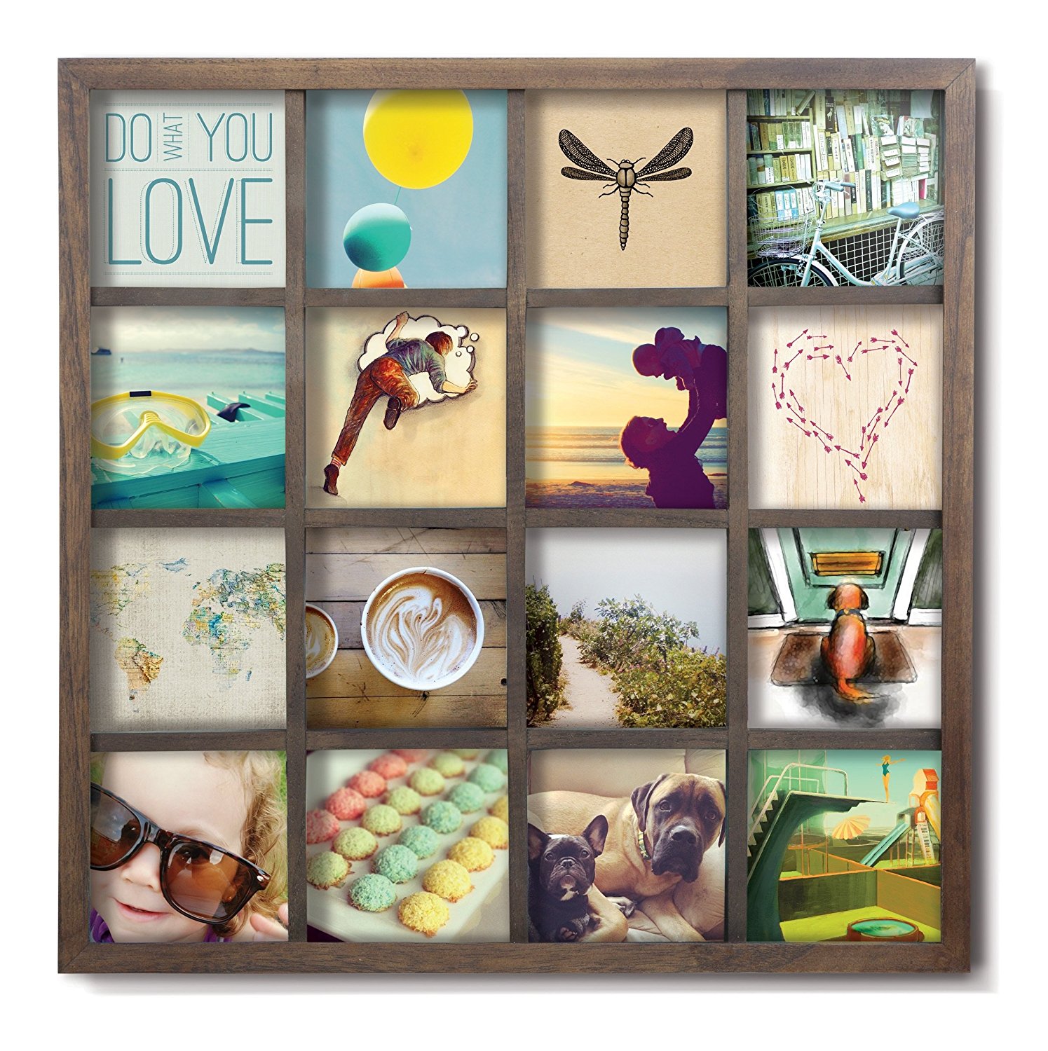 Umbra Gridart 4x4 Picture Frame – DIY Gallery Style Multi Picture Photo Collage Frame, Displays 16 Square 4 by 4 inch Photos, Illustrations, Art, Graphic Text & More, Walnut