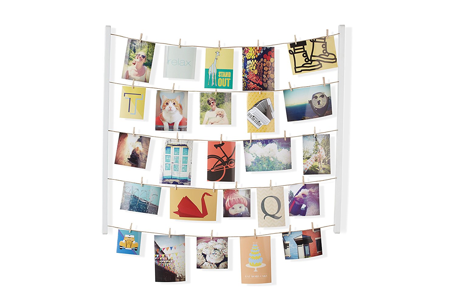 Umbra Hangit Photo Display - DIY Picture Frames Collage Set Includes Picture Hanging Wire Twine Cords, Natural Wood Wall Mounts and Clothespin Clips for Hanging Photos, Prints and Artwork (White)