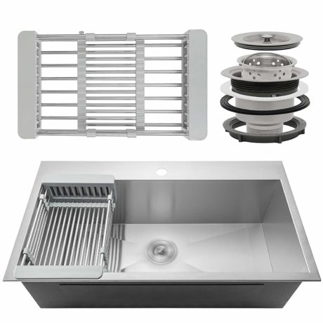  Firebird 33" x 22" x 9" Single Bowl 18 Gauge Handmade Stainless Steel Topmount Drop-In Kitchen Sink w/ Adjustable Dish Tray & Drain